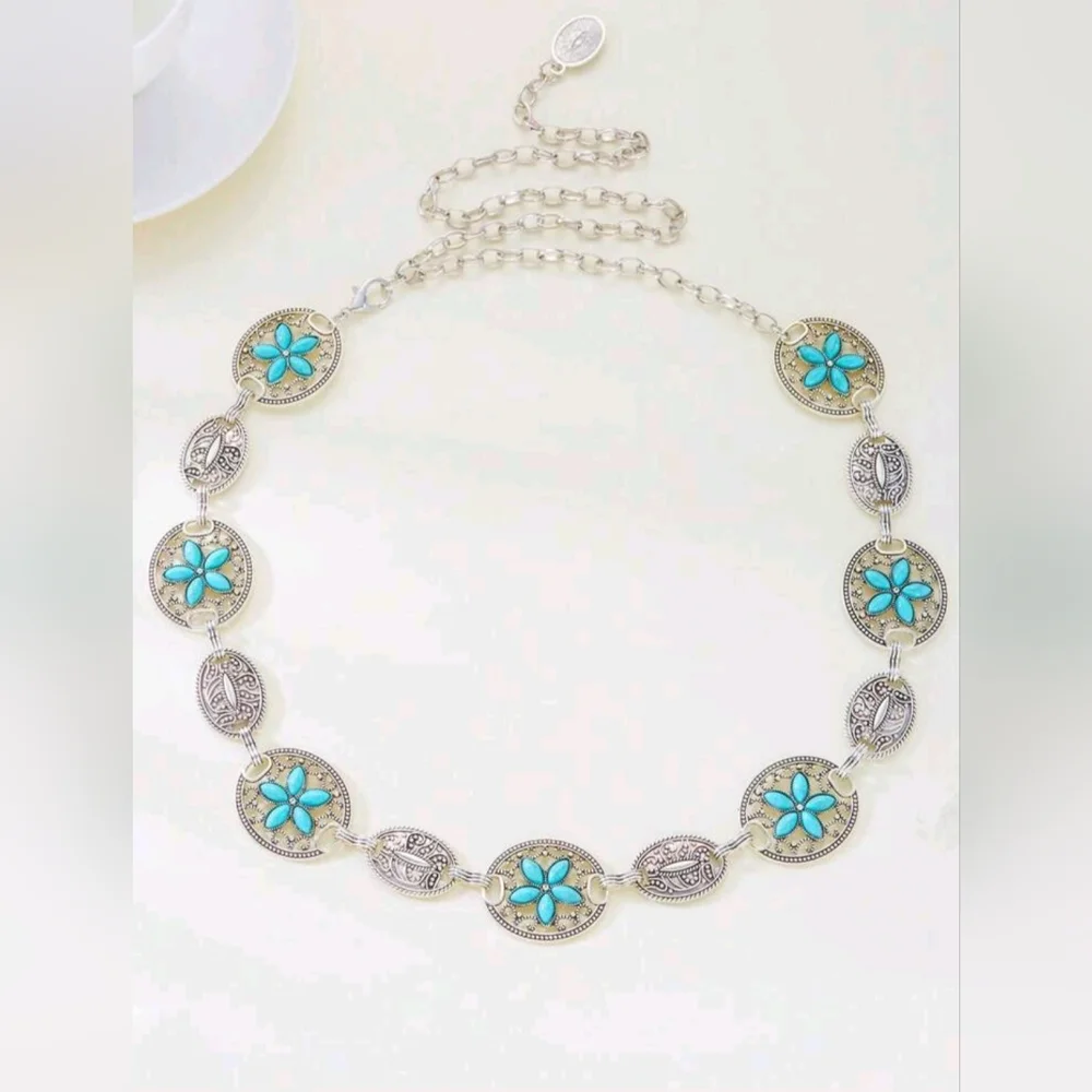 Turquoise Silver Color Vintage Carved‎ Flower Style, Waist Chain Belt